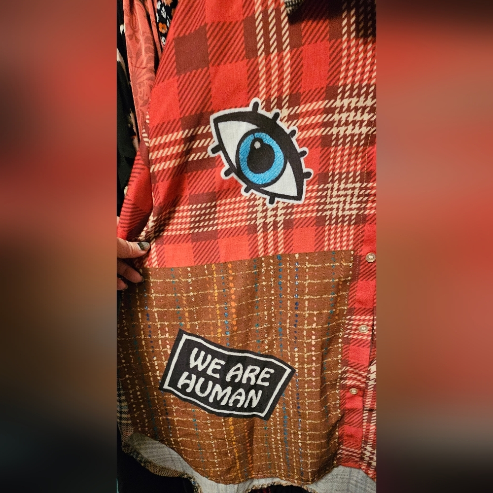 Patchwork Plaid Button-Down Shirt in Red and Brow… - image 2